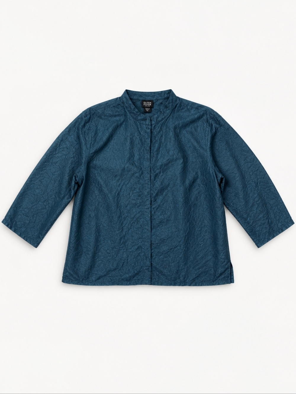 Eileen Fisher Silk Blouse Top Blue Teal Crinkle Texture Button Front M